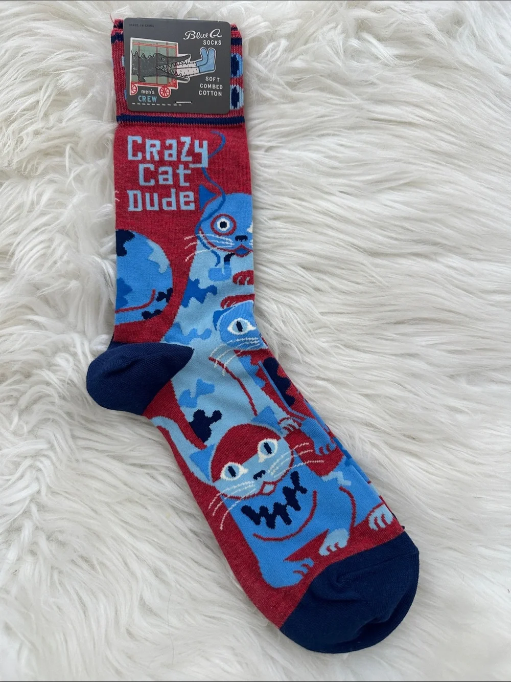 Blue Q Crazy Cat Dude Men's Crew Socks - Red & Blue